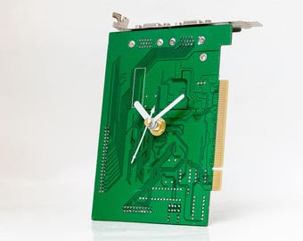Small Green Desk Clock, Unique Office Decor, Geek Gift for Boyfriend, Husband or Brother, Recycled Circuit Board Desk Clock, Green Decor