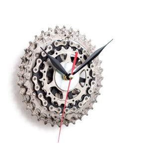 Recycled Sprockets Wall Clock, Mountain Biker Gift with Custom Engraving, Unique Industrial Clock with Silent Quartz Mechanism