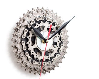 Recycled Sprockets Wall Clock, Mountain Biker Gift with Custom Engraving, Unique Industrial Clock with Silent Quartz Mechanism