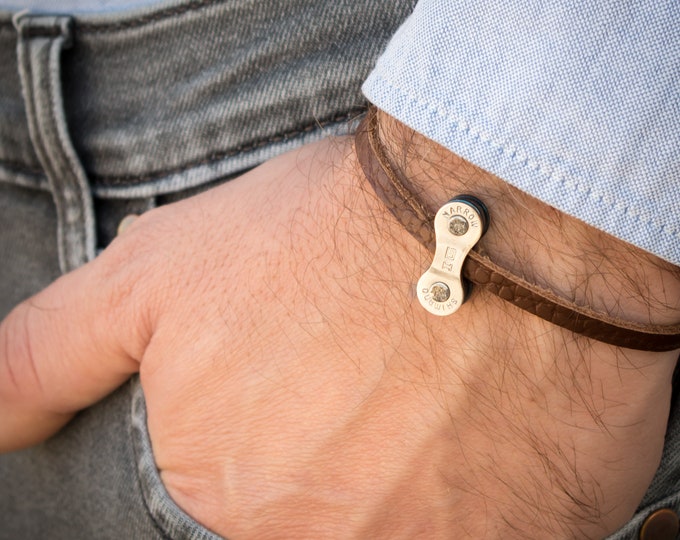 Bicycle Chain Bracelet,  Gift under 20 for Cyclist, Leather Cyclist Jewelry, MTB Cyclist Boyfriend Christmas Present, Leather Bike Bracelet