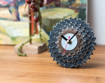Unique Industrial Desk Clock made out of Recycled Bicycle Gears, Perfect Gift for Cyclist Boyfriend or Husband, Garage or Office Decor