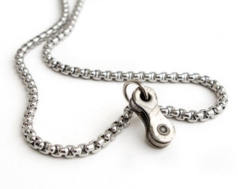 Bicycle Chain Pendant Necklace, Mens Bike Necklace, Steel Mens Jewelry, Gift for Cyclist Boyfriend or Husband, Pendant Gift