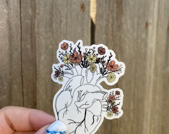 Floral Anatomical Heart Vinyl Sticker - Waterproof Laptop Sticker