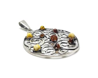 Baltic Amber 925 Silver Pendant - Lithuanian Handcrafted Jewelry (34mm)