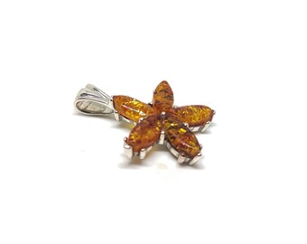 Baltic Amber Flower Pendant: 925 Sterling Silver, Handmade