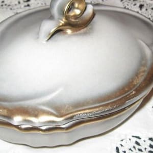 Made in Austria Ceramic Silver Tone And Gold Trim Covered Dish/Vanity Accessories