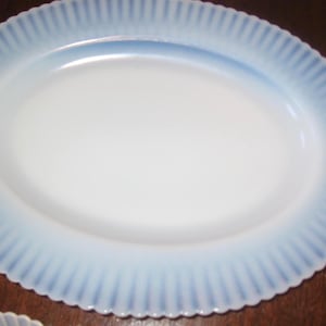McBeth Monax Opalescent White Glass Platter, Salad Plates, Bluish Tinted Petal Ware