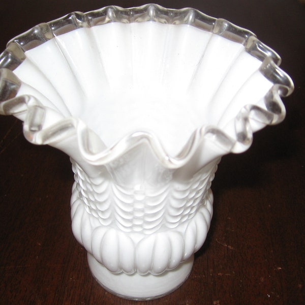 1940's Fenton Silvercrest Milk Gass Vase With Ruffled Edge -6Inch Milk Glass Vase With Etched Design.