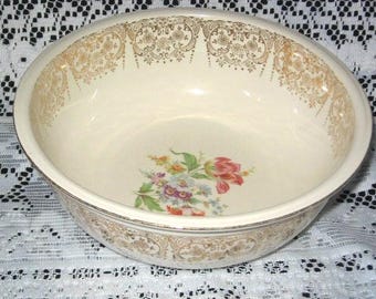 Vintage Homer Laughlin Eggshell Nautilus Serving Bowl: Gold Floral Dinnerware