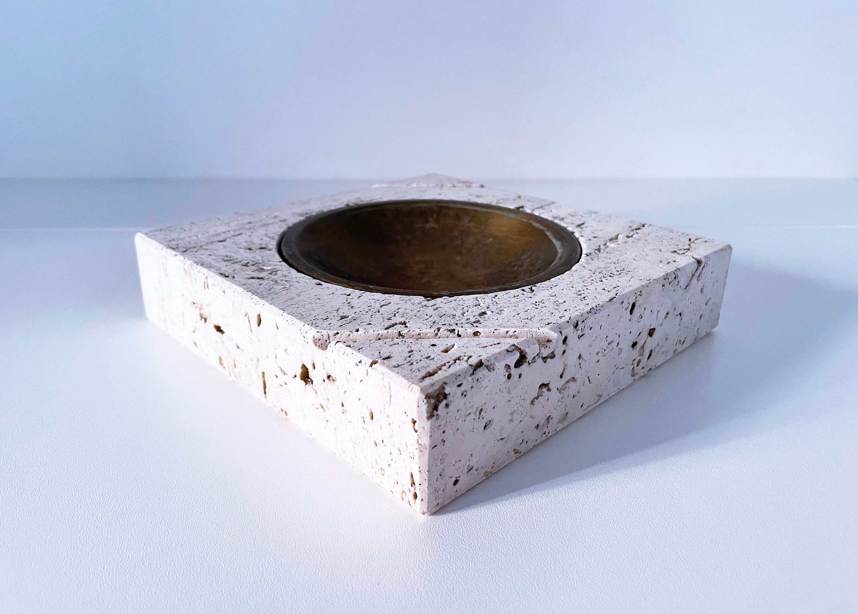 1960's Mid-century Italian Travertine and Brass Ashtray by