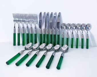 1970's Italian Stainless Steel and Green Lucite Cutlery Set by EME Italy - 24 pieces