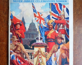 Può includere: La copertina di The Illustrated London News, una rivista dell'11 maggio 1938, che presenta un'illustrazione colorata di persone che tengono bandiere e una corona di fronte alla Cattedrale di San Paolo. Il titolo della rivista è "The Illustrated London News" e il sottotitolo è "Silver Jubilee Celebrations Number".