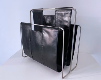 1960&#39;s Mid Century Italian Genuine Black Leather and Chrome Double Sling Magazine Rack