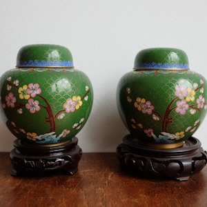 Pair of Cloisonné cherry blossoms enamel lidded jars and stands