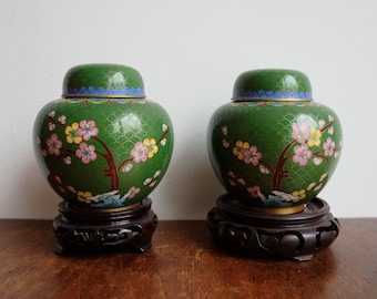Pair of Cloisonné cherry blossoms enamel lidded jars and stands