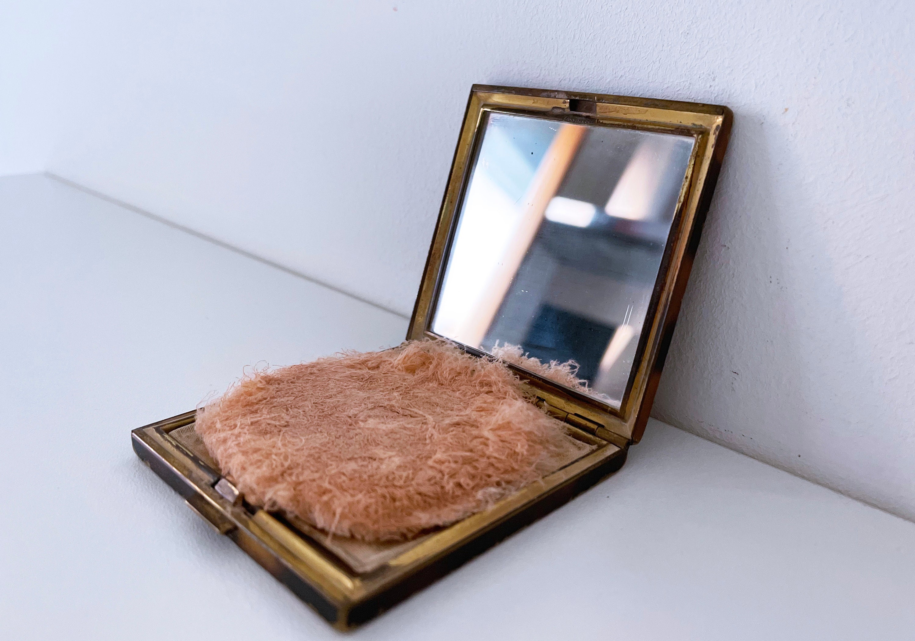 Art Deco Faux Tortoise Shell and Brass Powder Compact With Asian