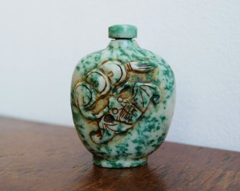 Vintage Chinese "Immortality and Prosperity" Carved Greenstone Snuff Bottle