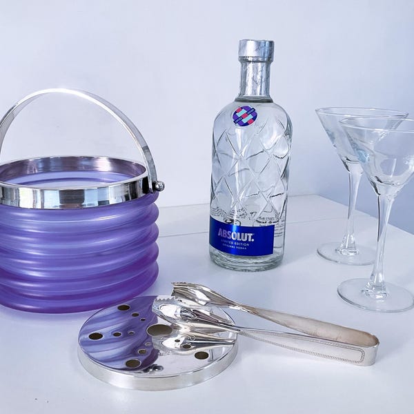 1970's Italian "Onde" Purple Crystal Ice Bucket and Tongs by Sergio Asti for Arnolfo di Cambio