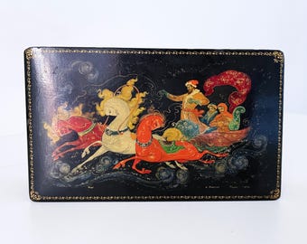 【超希少】ロシア伝統工芸 パレフ（ホールイ）漆器 小箱「火の鳥」手描き 署名入 ロシア漆器ボックス（大） - パレフ手描きジュエリーボックス