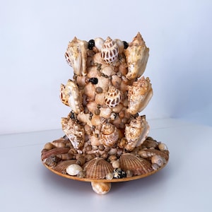 May include: A cylindrical decorative object covered in various tan, brown, and cream-coloured seashells. The structure features a wide, circular base adorned with flat, fan-shaped shells and a vertical body layered with spiral and pointed shells.