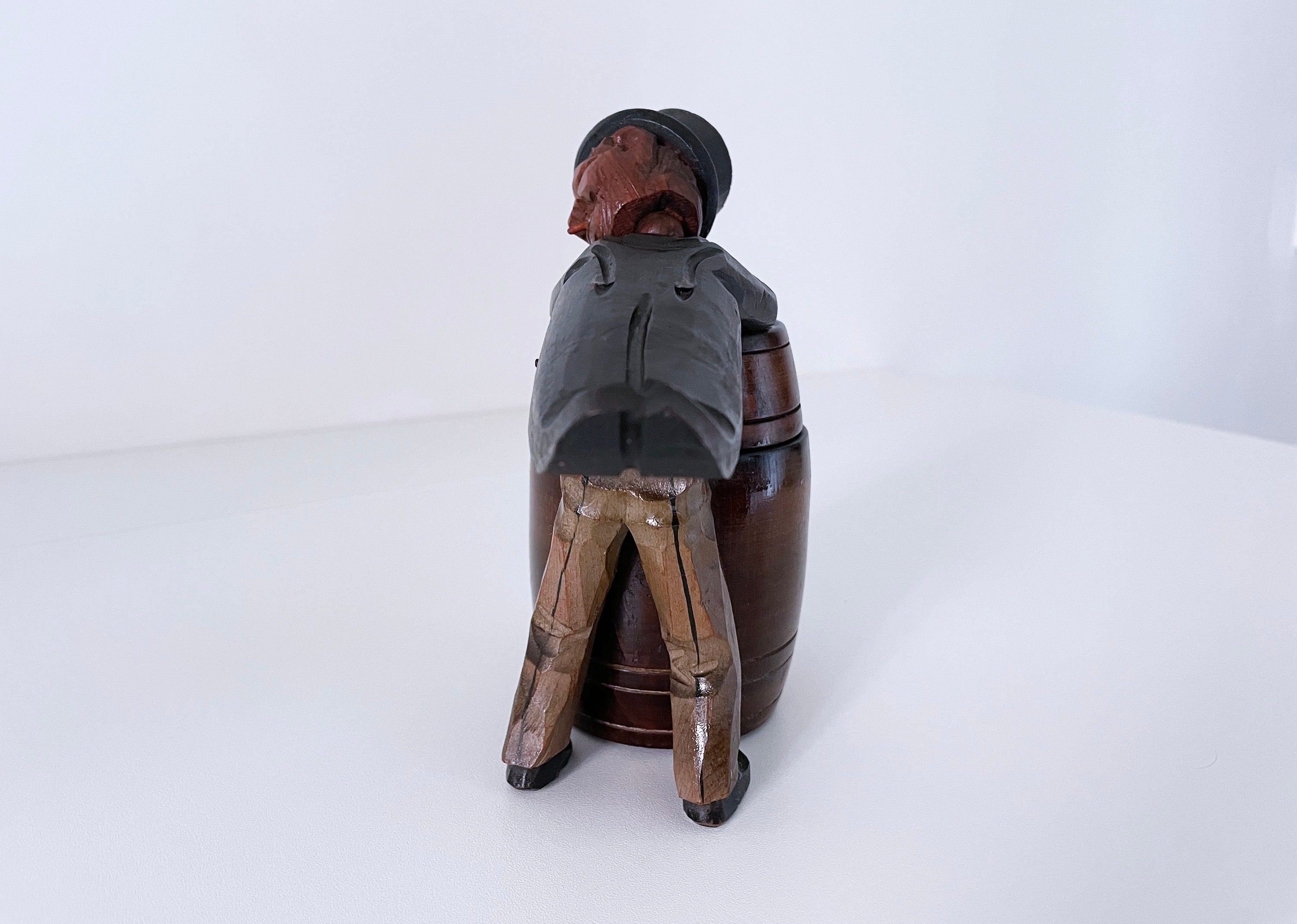 1930's Anri Carved Wood Drunken Man Leaning on Barrel Cigarette Holder