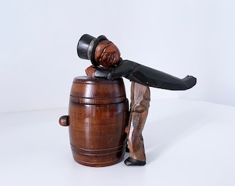 1930's Anri Carved Wood Drunken Man Leaning on Barrel Cigarette Holder