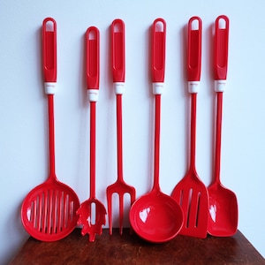 Vintage Red Plastic Kitchen Utensils, Pedrini Kitchen Tools 5 Pcs Italian  Design, Retro 1980s 