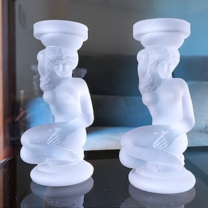 A Pair of 1930&#39;s Art Deco Frosted Glass Ladies / Maidens Candle Holders