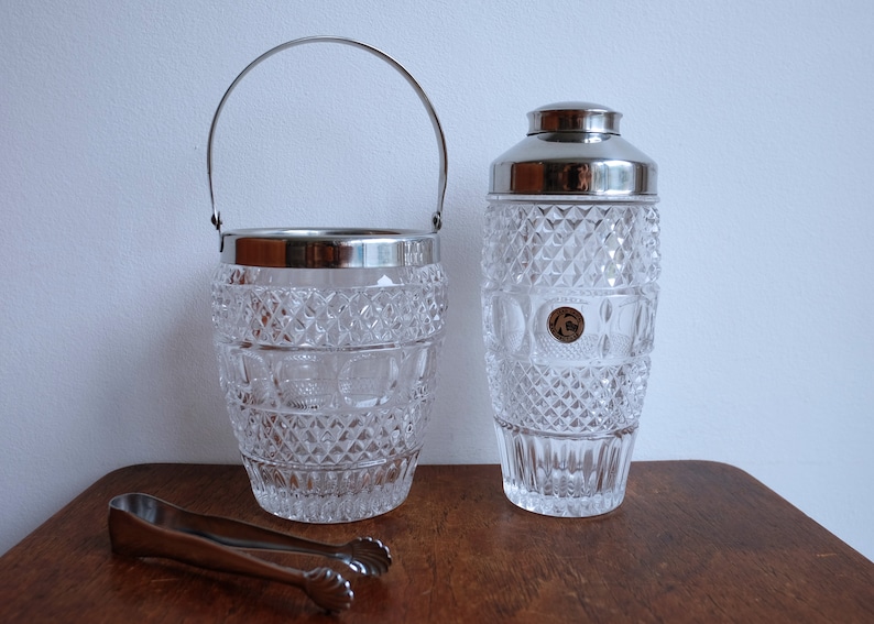 1950's Val Saint Lambert Crystal Glass Cocktail Shaker and Matching Ice Bucket image 1