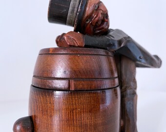 1930's Anri Carved Wood Drunken Man Leaning on Barrel Cigarette Holder