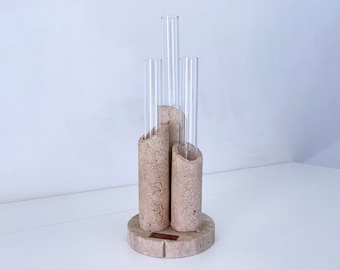 1970's Italian Travertine and Glass Vase/Pen Holder attributed to Enzo Mari for Fratelli Mannelli