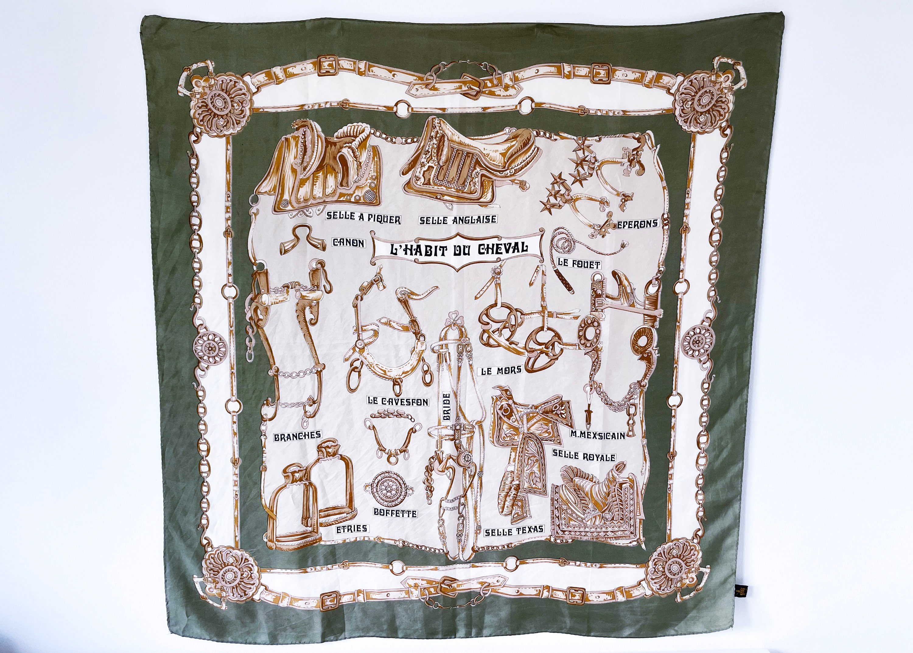 Vintage Equestrian Hand-sewn Pure Silk Scarf in Hermes Style 