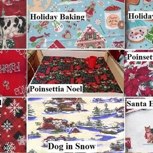 May include: A collage of 10 different fabric squares with various Christmas-themed patterns. The patterns include a farm animal, holiday baking, holiday treat, poinsettia holly, thanks rejoice, poinsettia noel, snowflake on plaid, dog in snow, and santa helper.