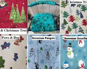 May include: A collection of fabric patterns featuring holiday and winter themes. Designs include Christmas trees, owls, dogs, penguins, and snowmen. The fabrics are in various colors, including red, green, blue, and white, with text labels identifying each pattern.