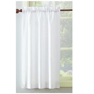 May include: A white sheer curtain with a rod pocket top, hanging in a window.