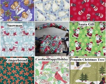 May include: A collection of Christmas-themed fabric patterns. Designs include angels, polar bears, snowmen, Santa Claus, gingerbread men, cardinals, and penguins with Christmas trees. Each pattern features a unique color scheme.