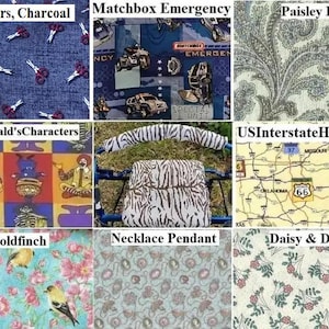May include: Nine fabric swatches with various patterns. The swatches include scissors on blue, toy cars, paisley, McDonald's characters, a chair with zebra stripes, a map, goldfinches, a necklace pattern, and a daisy pattern.