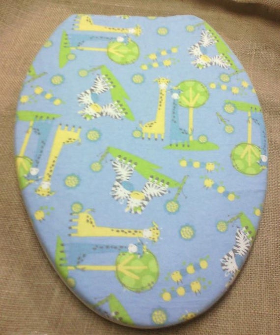 Zebra Giraffe On Blue Flannel Fabric Cover Toilet Seat Lid