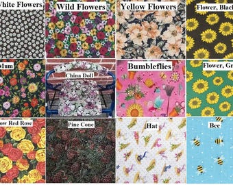 May include: A grid of fabric swatches with various floral and nature-themed patterns. Designs include aqua and white flowers, wild flowers, yellow flowers, black sunflowers, mums, bumblebees, green sunflowers, yellow and red roses, pine cones, hats, and bees.