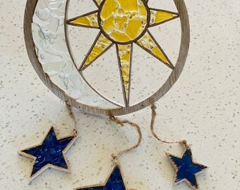 Sun moon & stars hanger - ocean, glass, beach, beach shack, gift, ocean, coastal, present, recycled art