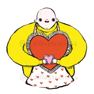 Puede incluir: Una ilustración de dibujos animados de una persona que lleva un suéter amarillo y un delantal blanco con corazones rojos. La persona sostiene un gran corazón rojo con un corazón rosa más pequeño en su interior.