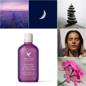 Peut inclure: Une bouteille en verre violette avec un bouchon blanc et un logo d'oiseau blanc. La bouteille est &eacute;tiquet&eacute;e "Shaloah Skincare Lavender Chamomile & Geranium Bath & Body Oil Delicate Skin".