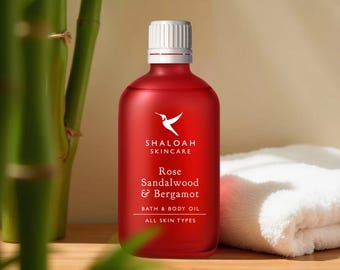 Rose Body Oil with Sandalwood, Massage oil, Romantic Gifts for Her, Presents for Mum, Aromatherapy Gift, Organic Bath Oil, Spa Gift for Her
