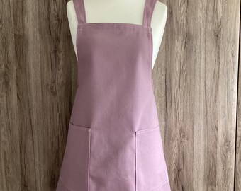 Medium, large, extra large, XL cross back apron with two pockets. Japanese style wrap around apron in purple cotton and linen fabric.