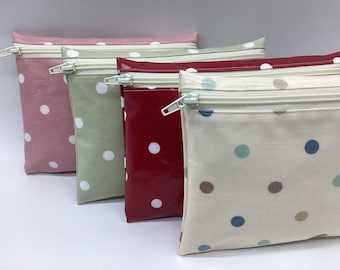 Oilcloth Zipper Pouch: Polka Dot Makeup Bag in red, pink, green and cream. Handbag tidy, sanitary towel pouch, passport holder.