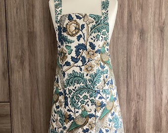 Large cross back apron with two pockets. Japanese style wrap around cotton apron with flowers and birds. Iliv Oakmere Verdigris. Blue, green