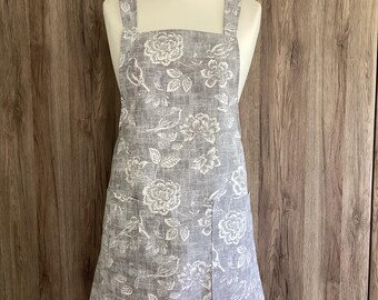 Small, medium, large cross back apron with two pockets. Japanese no tie apron. Grey, charcoal with white birds and flowers.