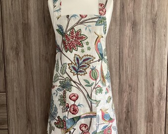 Extra large, XL cross back apron with two pockets. UK size 18. Flowers and birds Japanese no tie apron. Iliv Chanterelle Chintz. Beige, blue