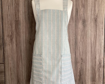 Small, medium, large cross back apron, two pockets. Japanese apron. Iliv Rowing Stripe Duckegg cotton fabric. Blue, white and grey stripes.