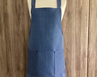 Large cross back apron with two pockets. Japanese no tie apron. Woven cotton in dark blue and white stripes.